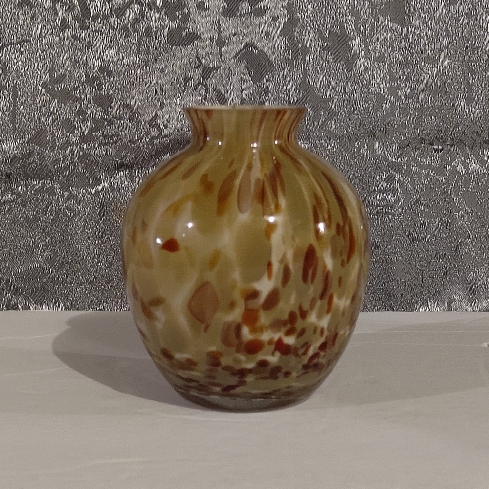 Mid Century.Small Glass Brown & White Vessel. Accent of Gold. Encased Glass